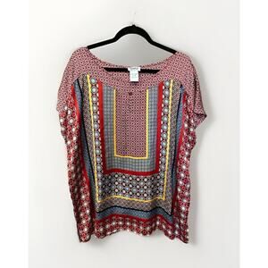 MM Stunning Red/Blue Handkerchief Print Relaxed Fit Short Sleeve Blouse XL EUC